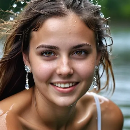 beautiful young woman,soaked,long hair,smiling,earrings,water,Photography,General,Realistic