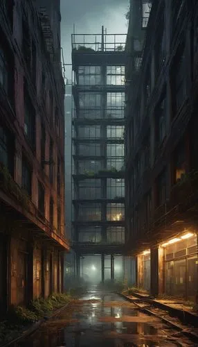 urban landscape,post-apocalyptic landscape,kowloon city,warehouses,apartment block,lostplace,alleyway,scampia,alleyways,post apocalyptic,industrial landscape,shadowrun,crewdson,ghost town,darktown,alley,sidestreet,undercity,abandoned,lost place,Illustration,Abstract Fantasy,Abstract Fantasy 15