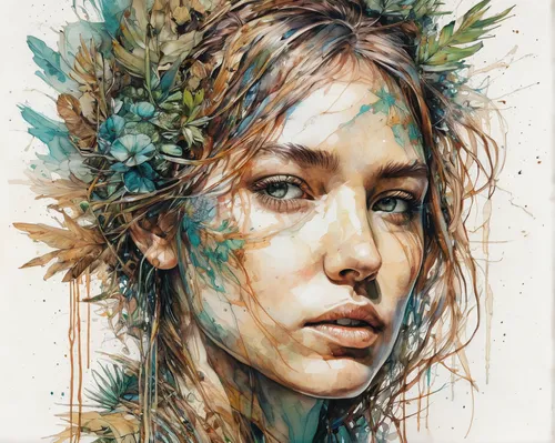 Imagine being stranded on a desert island and describe the experience of ruminating on missed opportunities.,girl in flowers,boho art,girl in a wreath,dryad,watercolor pencils,mystical portrait of a g