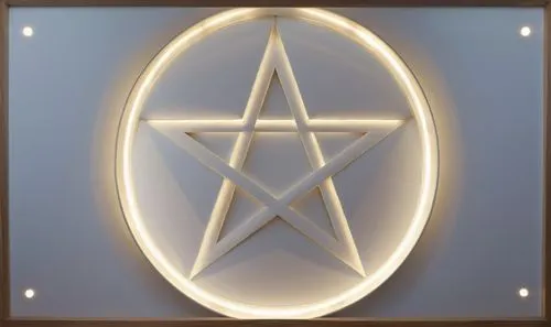 Gypsum decoration in the ceiling of a room with hidden LED lighting the ceiling,a pentagramus icon is illuminated in the middle of a white wall,christ star,circular star shield,merkabah,pentacle,eckan