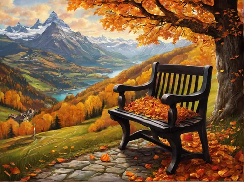 autumn background,autumn landscape,autumn idyll,fall landscape,autumn mountains,autumn scenery,landscape background,mountain scene,outdoor bench,park bench,autumn frame,fall picture frame,one autumn afternoon,hunting seat,the autumn,autumn day,autumn icon,home landscape,autumn theme,wooden bench,Illustration,Abstract Fantasy,Abstract Fantasy 11