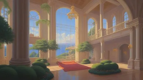 an interior of a beautiful palace, with trees on the left and a red area rug on the right,dandelion hall,sylvania,ballroom,background design,fantasy landscape,palaces,Conceptual Art,Daily,Daily 27