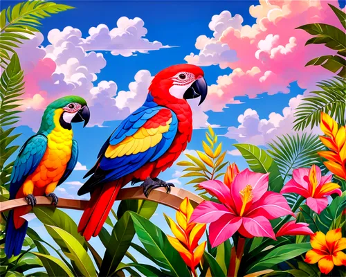 tropical birds,couple macaw,macaws,macaws of south america,parrots,passerine parrots,parrot couple,colorful birds,tropical bird climber,scarlet macaw,rare parrots,toucans,macaw,macaws blue gold,flower and bird illustration,tropical bird,light red macaw,tropical animals,macaw hyacinth,macaws on black background,Art,Artistic Painting,Artistic Painting 45