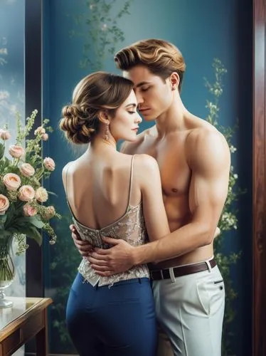 Create an elegant couple in love that will show off your best work.,a man and woman that are holding each other,holton,vintage man and woman,maxon,liason,romantic scene,vintage boy and girl,Photograph