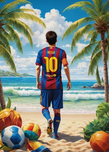 beach soccer,barca,footballer,soccer player,the balearics,beach sports,beach background,playing football,footvolley,football player,playmat,soccer,balearic islands,street football,footbal,soccer ball,oil painting on canvas,leo,game illustration,summer background,Illustration,Realistic Fantasy,Realistic Fantasy 08