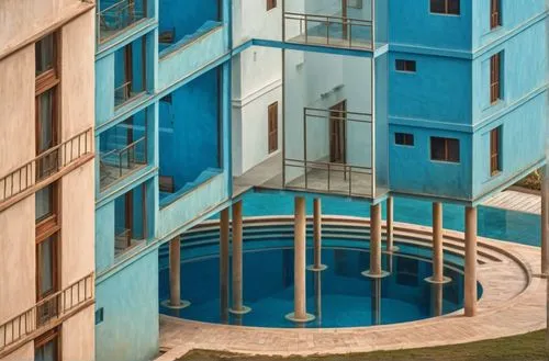 La parte azul es un espejo de agua,scampia,ventanas,apartment block,an apartment,multistorey,apartments,glass facades,bahru,apartment building,interlace,glass building,multistory,apartment blocks,wate