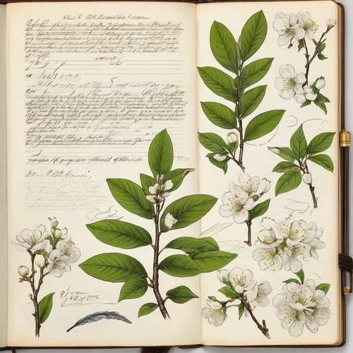 The image shows an open notebook with a detailed botanical sketch and handwritten notes. The sketch depicts various parts of the Prunus angustifolia plant, also known as the Chickasaw plum. The main i