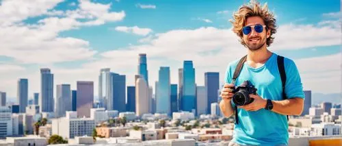 Male photographer, 30s, casual wear, sunglasses, messy hair, holding DSLR camera, standing on rooftop, Los Angeles cityscape, modern skyscrapers, blue skies, fluffy white clouds, sunny day, warm light