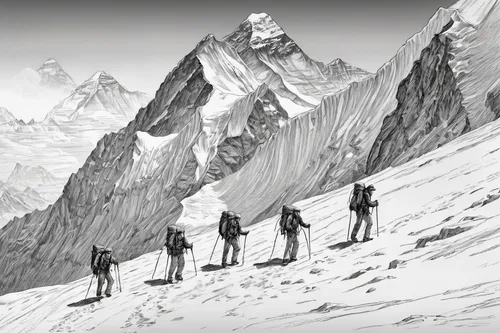 ski mountaineering,ski touring,skiers,everest region,mountaineers,alpine skiing,crampons,cross-country skiing,breithorn,alpine route,alpine climbing,everest,ski race,trekking poles,paine massif,alpine crossing,mount everest,mont blanc,aiguille du midi,cable skiing,Illustration,Black and White,Black and White 30