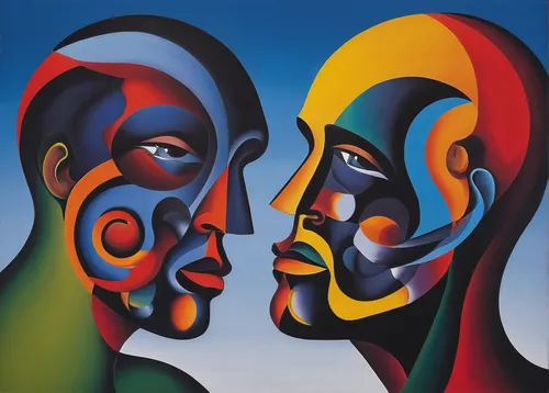 multicolor faces,two people,man and woman,african art,faces,dualism,heads,oil painting on canvas,split personality,african masks,cubism,pop art people,picasso,mirror image,face to face,cohesion,facets,self unity,adam and eve,man and wife,Art,Artistic Painting,Artistic Painting 33