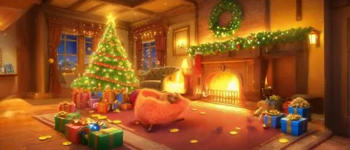 an animated christmas scene with toys and decorations,christmas room,christmas fireplace,christmas scene,christmas background,christmasbackground,christmas motif