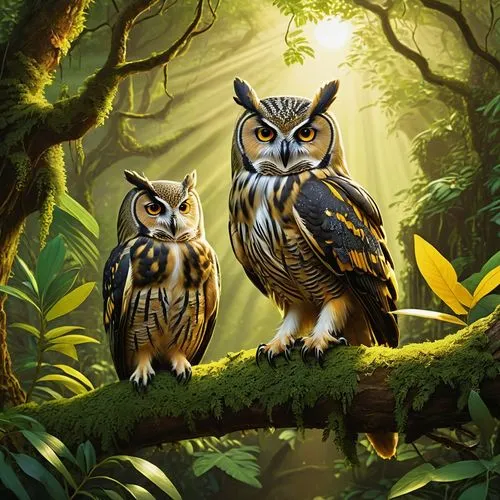 couple boy and girl owl,owls,owl nature,great horned owls,owl background,owlets,Art,Classical Oil Painting,Classical Oil Painting 29