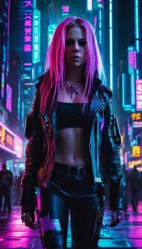 a cyberpunk Avril Lavigne walking in a cyberpunk city,cyberpunk,cyberpunks,domino,neon lights,vi,neon,neon light,futuristic,futurepop,punk,decade,cyberangels,cyberdog,synthetic,jinx,synth,cyberia,cybe