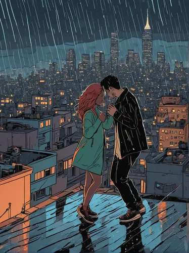 A couple dancing in the rain on a city rooftop,in the rain,walking in the rain,rainy,rainy day,honeymoon,romantic scene,rain,before sunrise,rooftops,the sun and the rain,rooftop,rainy weather,city lig