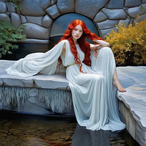 Fiery-haired enchantress, porcelain complexion, cascading red-crimson locks, divine allure, echoes of Birth of Venus, sheer drapery, graceful and refined, mystical aura, romantic scenery, dreamy hues,