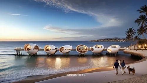 Human eye view level , egg form ,small Modern resort in the sea on the hotel beach , รีสอร์ท โมเดิร์น มีสะพานยื่นลงไปในน้ำทะเล , มุมองระดับสายตา , มีคนและหมาเดินบนชายหาดสีขาว,jumeirah beach hotel,jume