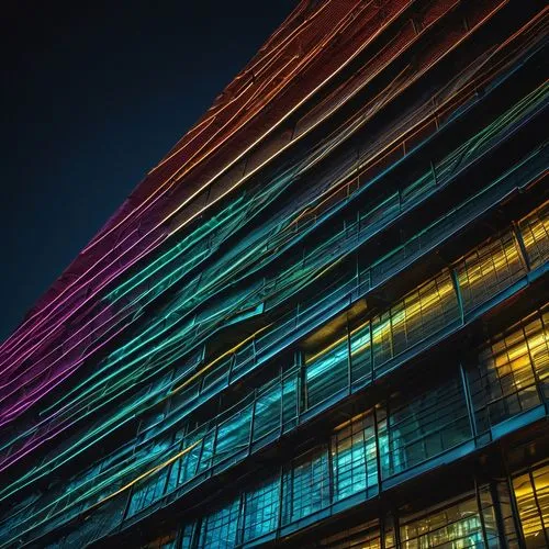 Modern architectural design, wire mesh exterior, geometric shapes, metallic material, industrial texture, urban cityscape, skyscraper building, futuristic vibe, neon lights reflecting off mesh, night 