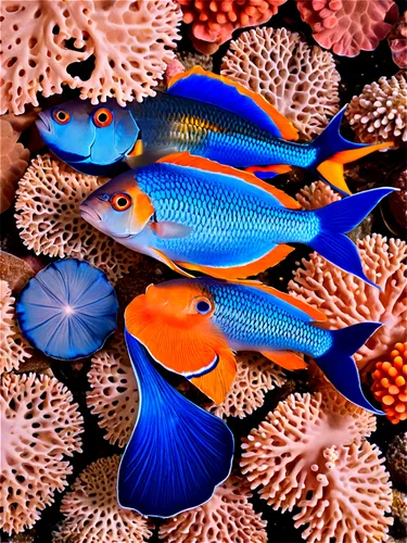 Colorful tropical fish, vibrant orange and blue scales, long flowing fins, detailed eyes, swimming pose, shallow water, sunken coral reef background, soft sunlight filtering through waves, 3/4 composi