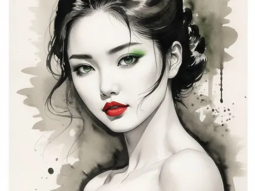 An amazing nude japanese young woman  with red lips and green eyes,an artistic watercolor painting of a woman with green eye shadows and red lips,geisha girl,oriental girl,zuoying,kommuna,geisha,xueyi