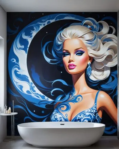 luxury bathroom,shower curtain,beauty room,wall decoration,the girl in the bathtub,bathroom,wall art,bathtub,shower door,washroom,bathroom accessory,wall painting,wall paint,beauty salon,wall decor,mural,wall sticker,bathroom cabinet,blue room,bathtub accessory,Art,Classical Oil Painting,Classical Oil Painting 33