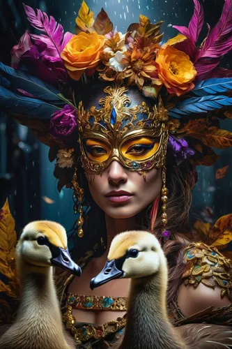 Create a suspenseful scene where a moedergans leads her goslings through a treacherous storm to find safety.,masquerade,the carnival of venice,venetian mask,peacock,tropical birds,fairy peacock,feathe