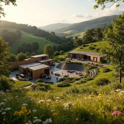 ecovillages,house in the mountains,3d rendering,sunol,amanresorts,render,house in mountains,home landscape,landscaped,tulou,beautiful home,hillside,swiss house,country estate,agritubel,ecovillage,grass roof,cottars,dreamhouse,green valley