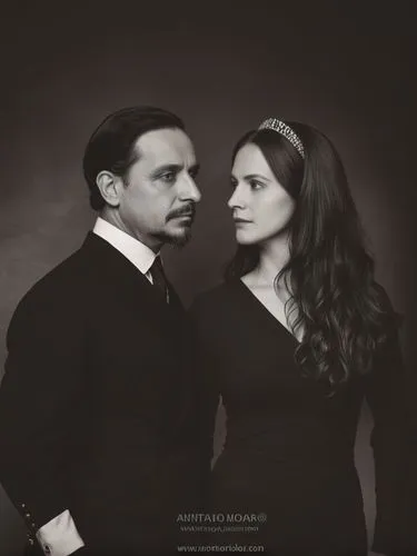 Official black and white photo double portrait of Their Majesties King Charles I and Queen Olga of Württemberg.,a man and a woman are posing for the camera,brangelina,roaring twenties couple,dussander