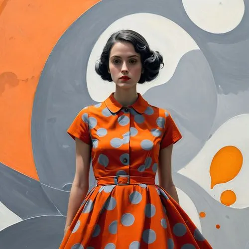 scodelario,pop art style,experimenter,cool pop art,pop art girl,pleasantville,polka dot dress,50's style,vintage dress,sixties,retro woman,pop art colors,clementine,pop art background,pop art woman,a girl in a dress,dotty,popart,orange dots,retro girl,Illustration,American Style,American Style 15