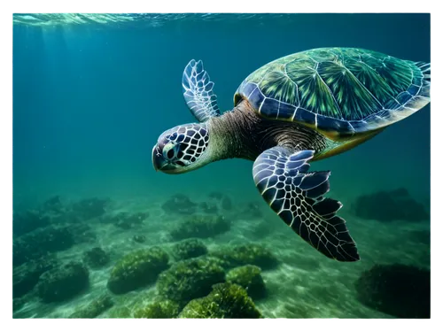 Sea turtle, adult, solo, swimming, flippers, shell, ocean water, sunlight filtering through waves, seaweed around, 3/4 composition, shallow depth of field, warm color tone, cinematic lighting, close-u