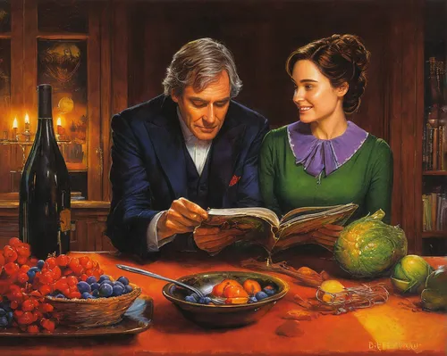 romanescu,cooking book cover,young couple,old couple,recipe book,romantic portrait,cookery,man and wife,grandparents,as a couple,oil painting,oil painting on canvas,wood and grapes,mulberry family,old cooking books,courtship,readers,meticulous painting,food and cooking,bowl of fruit,Illustration,Realistic Fantasy,Realistic Fantasy 32