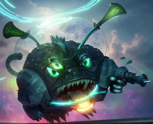 An alien with glass helmet, ray gun, pointed teeth, long tongue, trumpet ears, coming out of a shiny flying saucer,cuthulu,argus,minion hulk,poseidon god face,kraken,piranha,anglerfish,gear shaper,mon