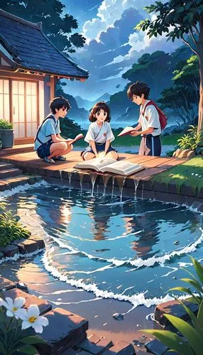 onsen,shinran,hotspring,koi pond,hosoda,studio ghibli,Anime,Anime,Realistic