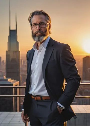 Samuel Cochran, mature architect, 40s, beard, glasses, suit, tie, white shirt, black trousers, leather belt, dress shoes, standing, confident pose, holding blueprints, modern skyscraper, urban citysca