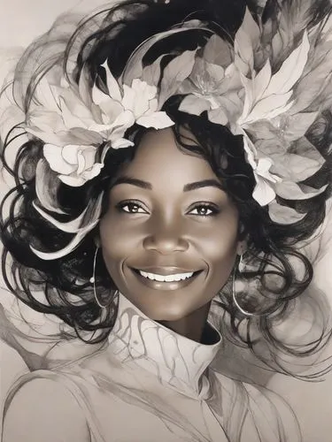 digital painting,maria bayo,tiana,yogananda,girl in a wreath,african american woman,fantasy portrait,flower girl,digital art,bjork,digital drawing,marguerite,flower painting,nigeria woman,digital artwork,african woman,girl portrait,fashion illustration,portrait background,girl drawing