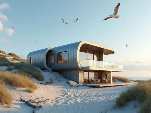 Beachside modern villa, galvanized steel structure, minimalist exterior, silver-gray metal walls, large windows with ocean views, curved lines, futuristic feel, sandy dunes, beach grasses, driftwood, 