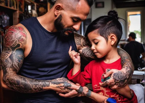 tattoo artist,tattoos,tattoo girl,with tattoo,father with child,tattoo expo,mehendi,fatherhood,mehndi designs,barber,face painting,father's love,wing chun,father and daughter,father's day,barbershop,sleeve,mehndi,henna designs,tattoo,Conceptual Art,Fantasy,Fantasy 03