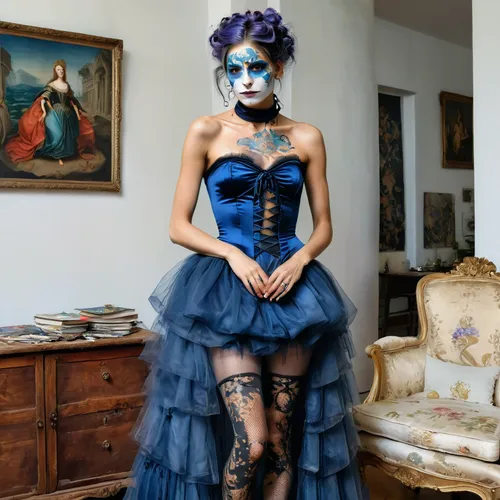 catrina calavera,painted lady,la calavera catrina,the carnival of venice,blue enchantress,gothic fashion,american painted lady,victorian lady,la catrina,mazarine blue,bodypainting,catrina,blue peacock,venetian mask,harlequin,victorian style,mazarine blue butterfly,crinoline,gothic dress,gothic woman,Photography,Fashion Photography,Fashion Photography 25