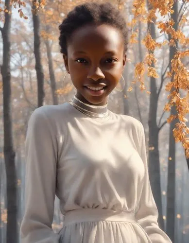 The woman with a friendly smile gazes longingly into the lush forest that surrounds her. Her sweet autumn spirit is illuminated as she captures the moment with a camera, a golden hour lighting, close-