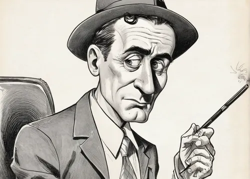 Write a thrilling story about a detective investigating a series of crimes with the same initials: SSDGM.,stan laurel,caricaturist,humphrey bogart,caricature,advertising figure,holmes,pipe smoking,geo