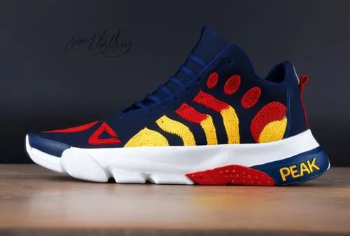 Sock upper sneaker, leather heel spine, stitched triangle logo, stitched design, "PEAK" on sole, all black with red, yellow, and navy color scheme ,PEAK comfort sneaker 4,perdidas,perrys,penny,parley,