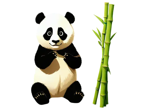 Cute panda bear, white fur, black ears, round face, big eyes, sitting posture, holding bamboo, green leaves, soft light, warm color tone, simple background, 3/4 composition, cartoon style, kid-friendl