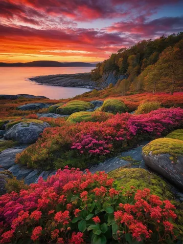 Abby Park, during a vivid sunset, is transformed into a breathtaking landscape with vibrant colors.,sea of flowers,splendid colors,splendor of flowers,norway coast,colorful flowers,norway island,azale