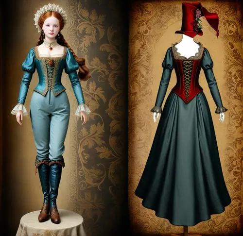 Paper doll one solo medieval noble women in white blouse ,grey tight legging with brown boot on the left standing with a headless faceless fashion mannequin clothing item set of elegant medieval noble