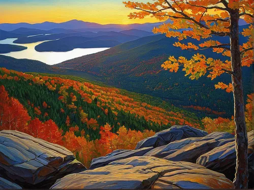 fall landscape,autumn mountains,autumn landscape,mountain landscape,blue ridge mountains,mountainous landscape,river landscape,robert duncanson,beech mountains,fall foliage,mountain scene,white mountains,high mountain lake,high landscape,mountain river,landscape background,vermont,nature landscape,mountain sunrise,natural landscape,Illustration,Realistic Fantasy,Realistic Fantasy 03