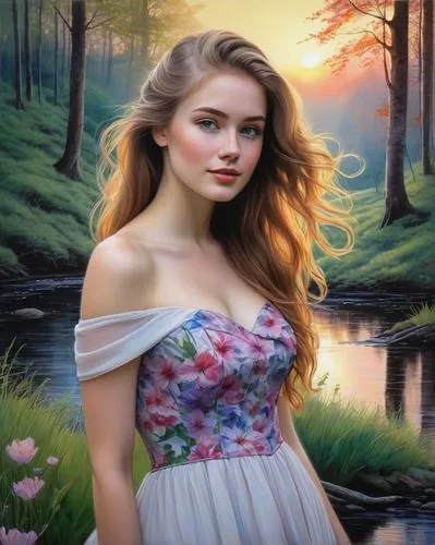 the blonde in the river,girl on the river,girl in flowers,oil painting on canvas,world digital painting,fantasy portrait,mystical portrait of a girl,oil painting,girl in the garden,landscape background,art painting,fantasy art,girl in a long dress,young woman,fantasy picture,springtime background,romantic portrait,beautiful girl with flowers,portrait background,water nymph,Illustration,Paper based,Paper Based 15