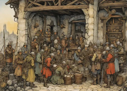 medieval market,the pied piper of hamelin,pilgrims,dwarf cookin,castle iron market,merchant,middle ages,germanic tribes,the middle ages,vendors,villagers,nomads,dwarves,the market,the production of the beer,prejmer,kettledrums,mud village,medieval,peddler,Illustration,Paper based,Paper Based 29