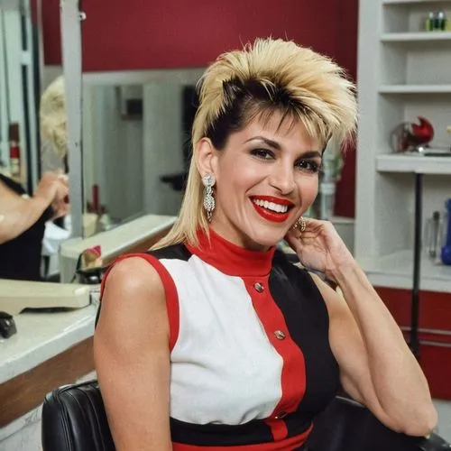 Portrait of  attractive elegant rich happy smiled laughing red lipsticked 40 years old arabic woman touching scraping her upper arm by own red nails,, red lipstick, 80's bicolur blonde mullet hair lon