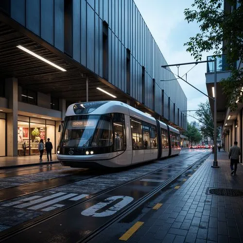 Futuristic tram station, sleek metal facade, LED light installations, dynamic curvaceous lines, minimalist design, high-ceilinged interior, modern urban landscape, busy street scene, neon lights refle