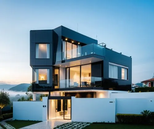 villa, black and white, liner light ,,modern villa in portugal at dusk,modern house,modern architecture,cube house,cubic house,dunes house,dreamhouse,Photography,General,Realistic