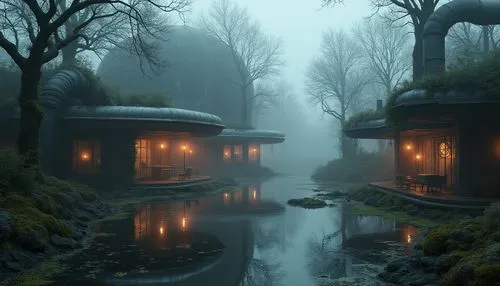 floating huts,fantasy landscape,cabins,houseboats,house in the forest,boathouses,treehouses,teahouse,huts,foggy landscape,fantasy picture,wooden houses,seclusion,bathhouses,swamps,boardinghouses,myst,world digital painting,foggy forest,syberia,Photography,General,Realistic